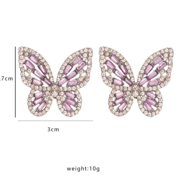 Silver Purple Butterfly Rhinestone Stud Earrings - Picture 4 of 4